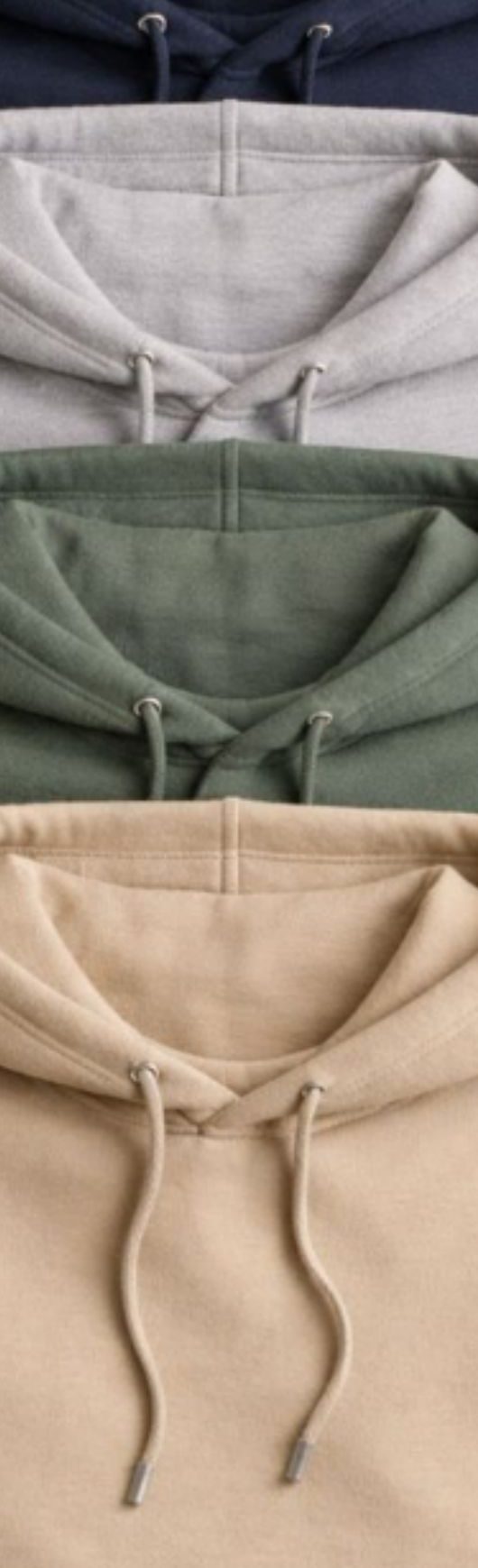 Stack of Milltex fleece hoodies in navy, light grey, olive, and sand