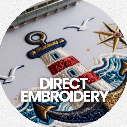 Direct embroidery of a lighthouse and anchor, classic and detailed